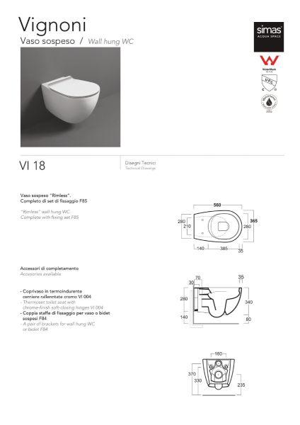 Set Sanitari Sospesi Senza Brida Coprivaso Ammortizzato Design Vignoni CERAMICHEMIRANDA