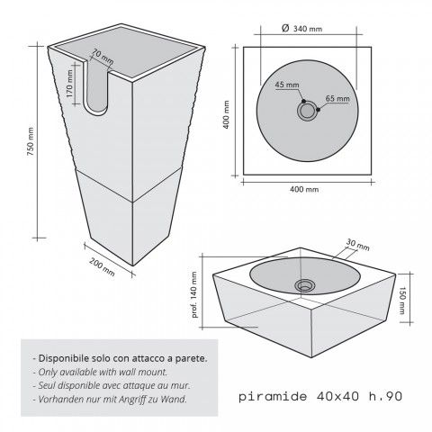 Lavabo Freestanding Marmo Nero 40X40 Design Piramide CERAMICHEMIRANDA