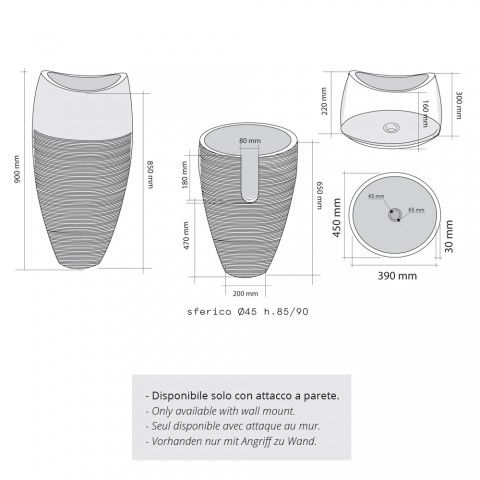 Lavabo Freestanding Marmo Nero Ø 45X90 H Design Sferico CERAMICHEMIRANDA